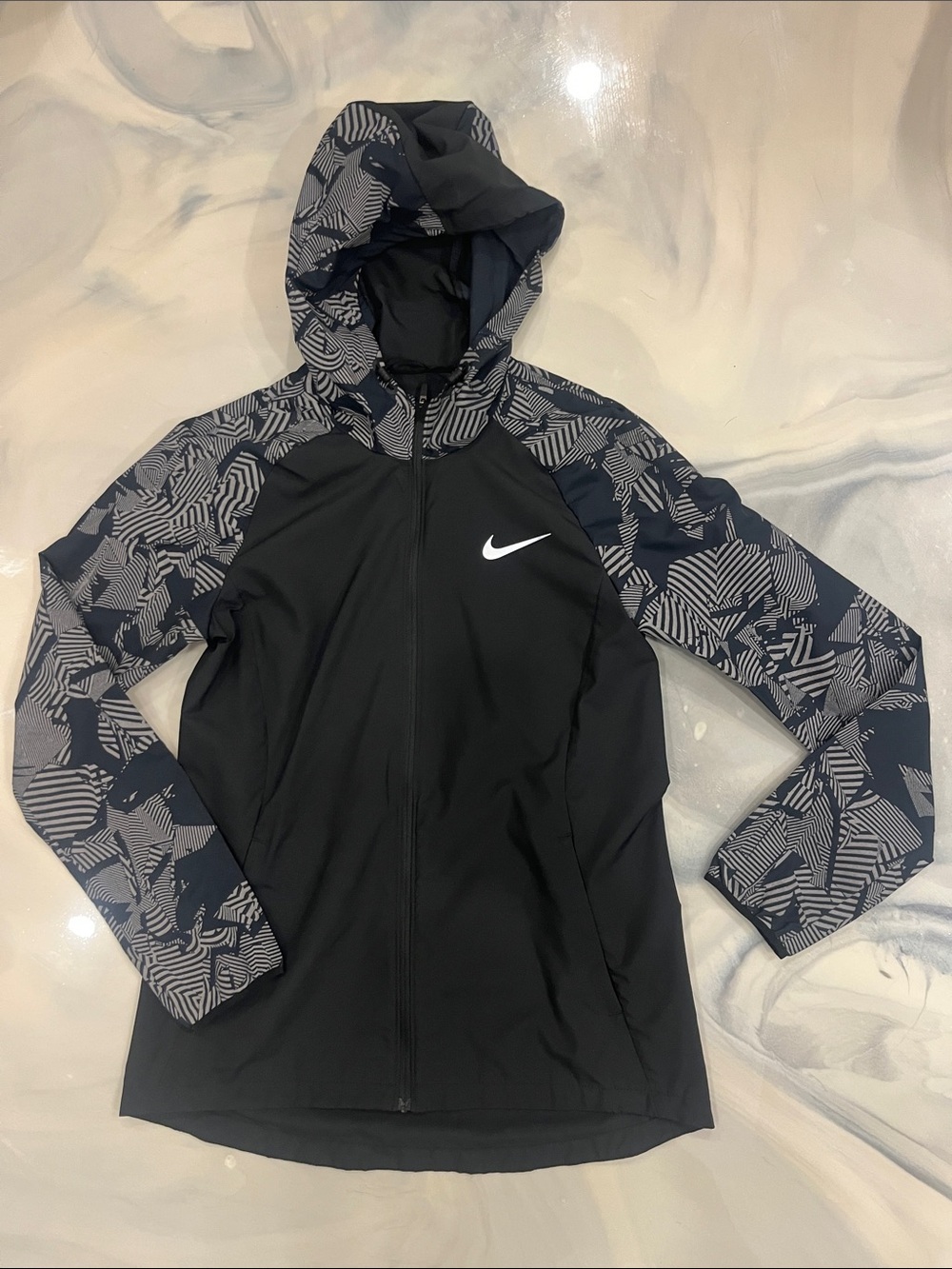 Nike Black Hooded Utility Jacket with Navy Patterned Sleeves